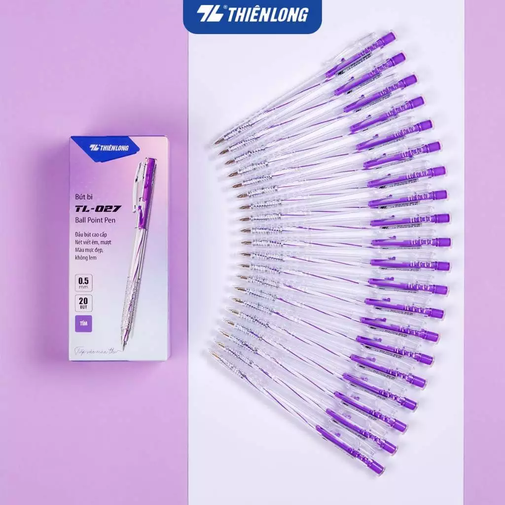 Bút Bi Thiên Long TL-027 0.5mm – Viết Êm Mượt, Mực Xanh/Tím Đậm Rõ, Nét Đều Đẹp