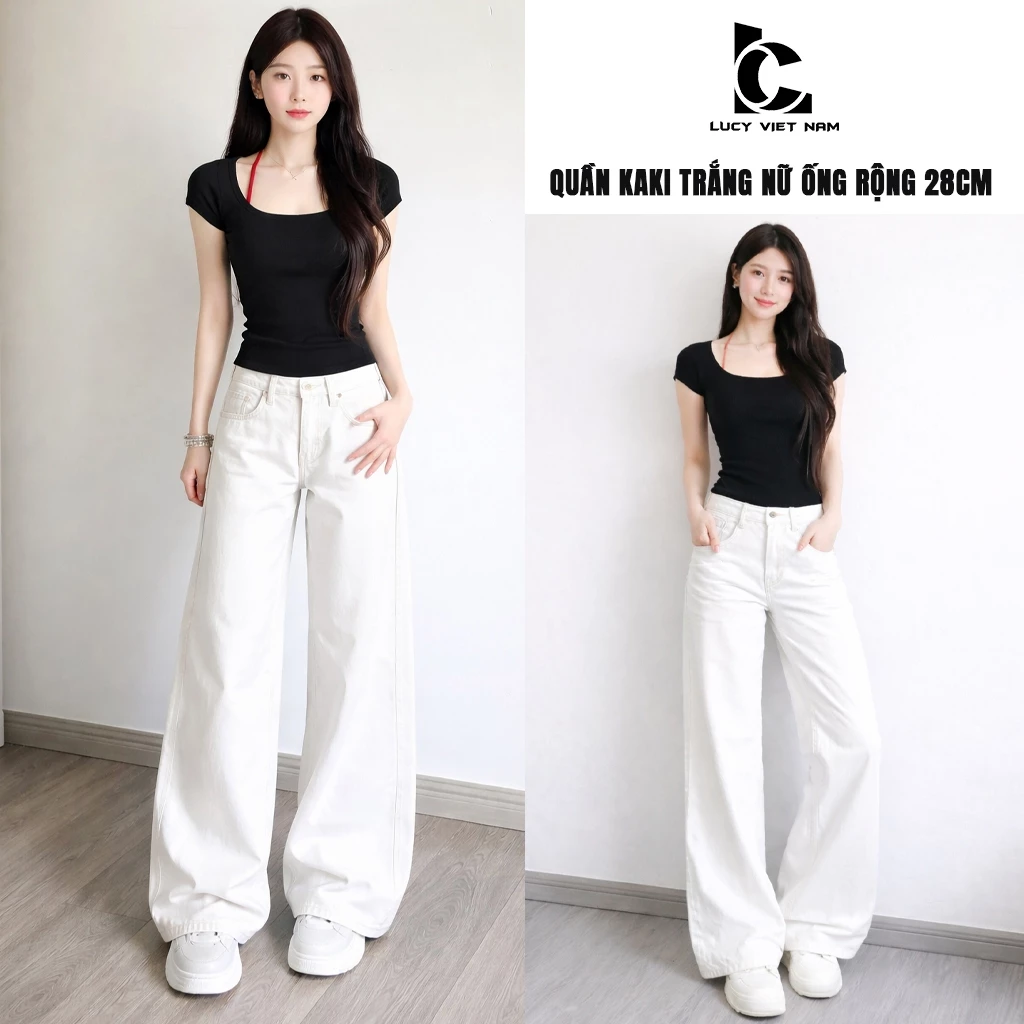 Quần Kaki Nữ Ống Rộng Trắng 28cm Cạp Cao AVO AVOCADO Wide Leg Pants Women Korean Basic Outfit