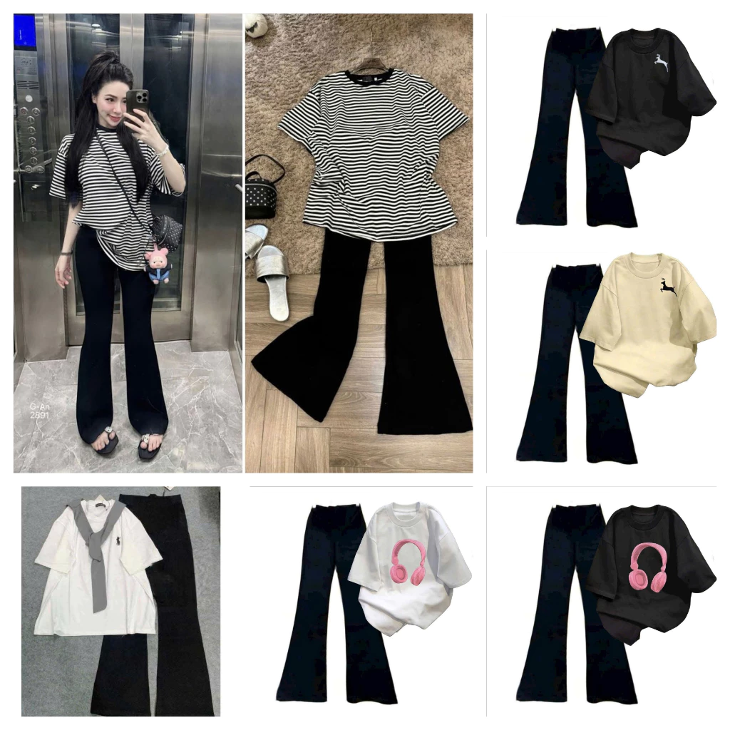 Tổng Hợp Các Mẫu Áo Phông In Hình Mix quần Ống Loe Bản Trơn Phong Cách Hàn Quốc Siêu Dễ Thương
