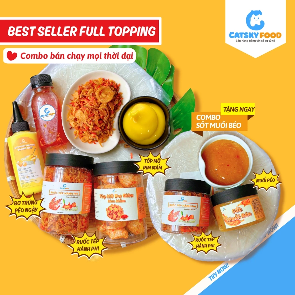 Best Seller FullTopping - Bánh tráng phơi sương sốt muối béo CATSKY FOOD combo bánh tráng đồ ăn vặt