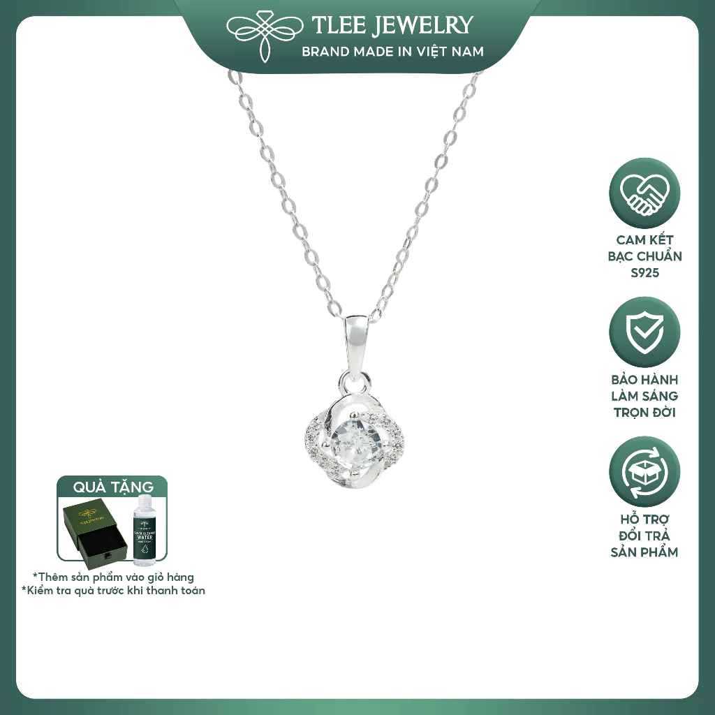 Dây chuyền bạc nữ TLEE cỏ bốn lá viền hai cánh đính đá sang trọng thu hút may mắn TLEEJEWELRY