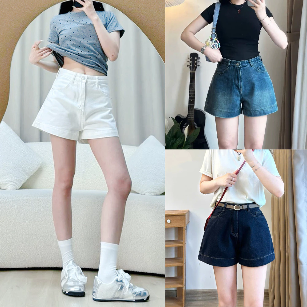Quần Short Jean Nữ MIAA Cạp Cao Ống Rộng Chữ A, Quần Đùi Denim Basic Tôn Dáng 3 Màu Xanh Trắng Phong Cách Hàn Quốc