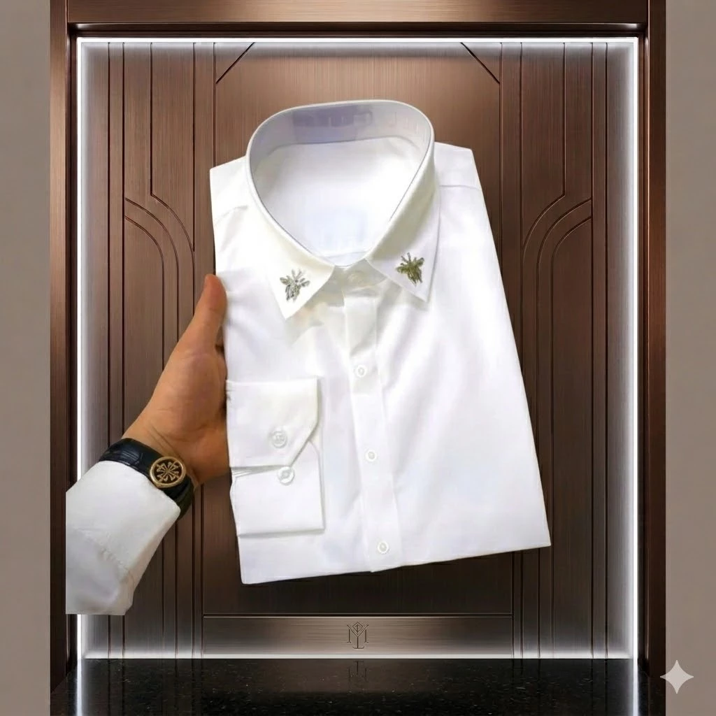 Áo Sơ Mi Nam Lụa Mịn Cổ Đính Ong – Sơ Mi Nam Sang Trọng Lịch Lãm-AHFASHION
