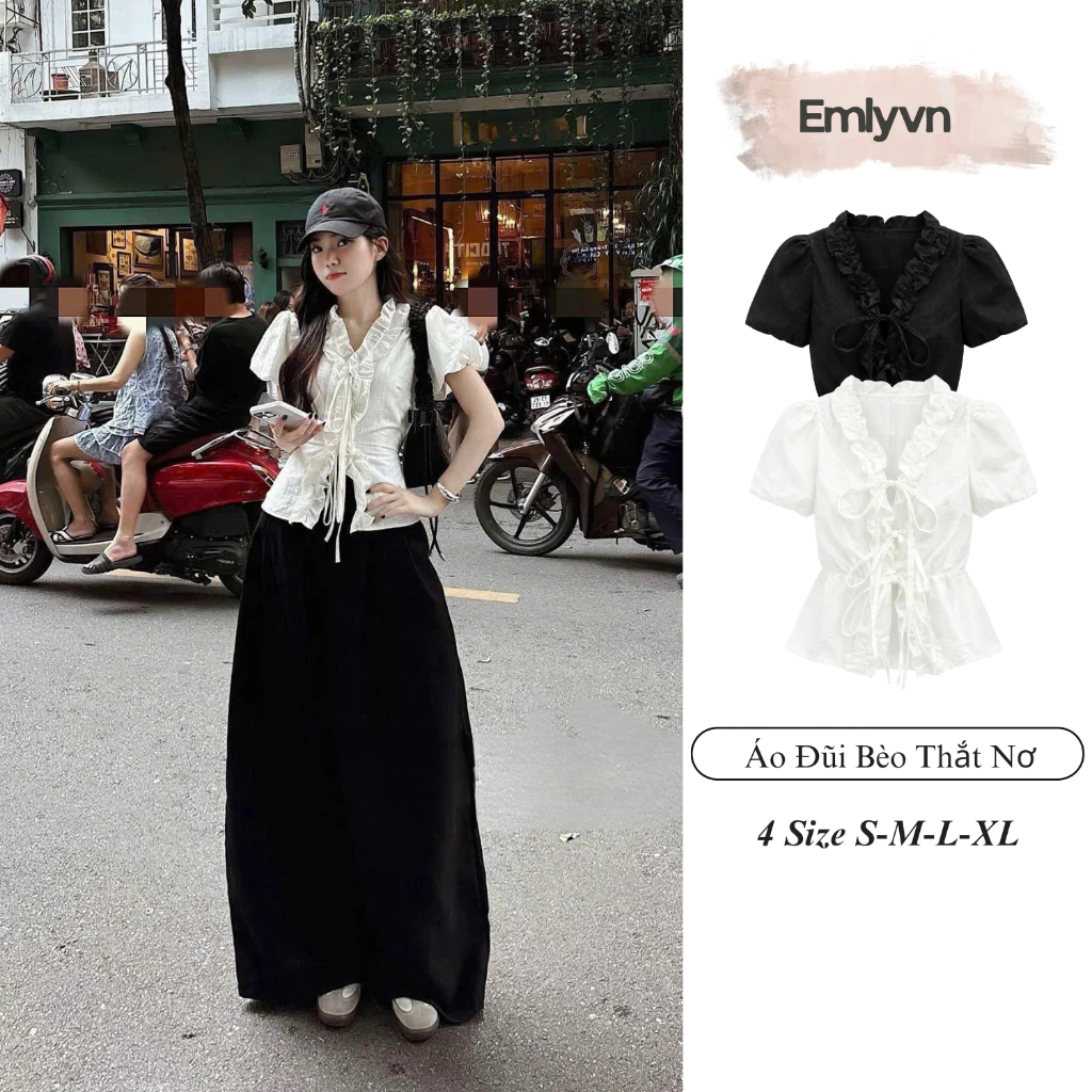 EMLY - Áo Đũi Bèo Thắt Dây Nơ Nữ, Áo Nữ Vintage Hàn Quốc Mùa Hè Dễ Thương