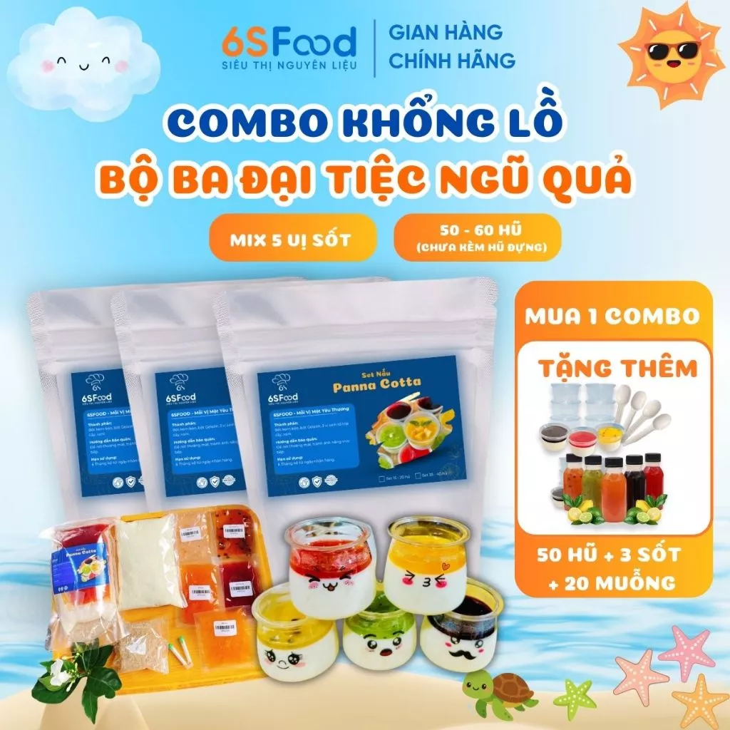 Combo 3 Set làm Panna Cotta Đại Tiệc Ngũ Quả thành phẩm 50-60 hũ 60ml mix 5 vị sốt - nhà 6SFOOD