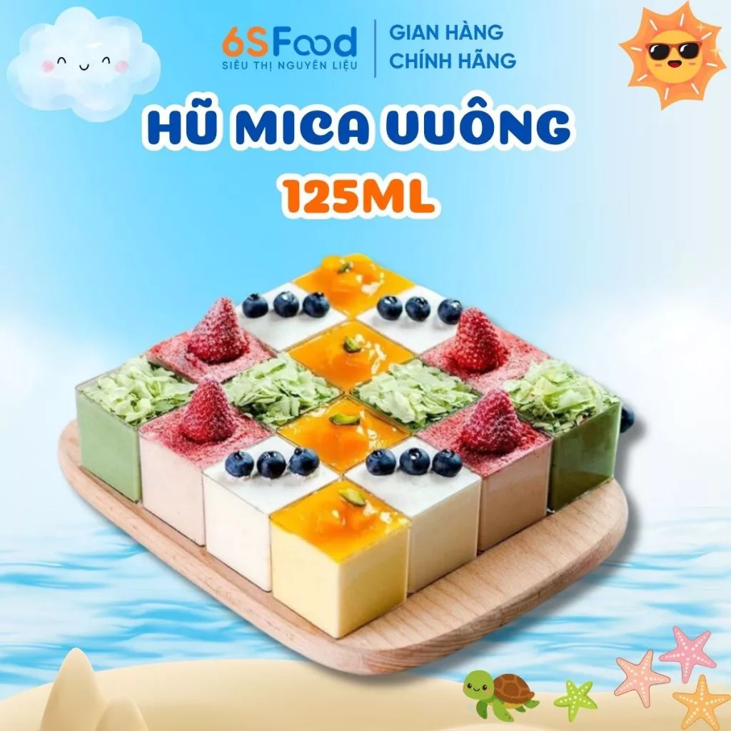 Hũ Mica Vuông 125ml Đựng Bánh Panna Cotta, Tiramisu, Red Velvet... Trong Suốt, Kèm Nắp 6SFOOD