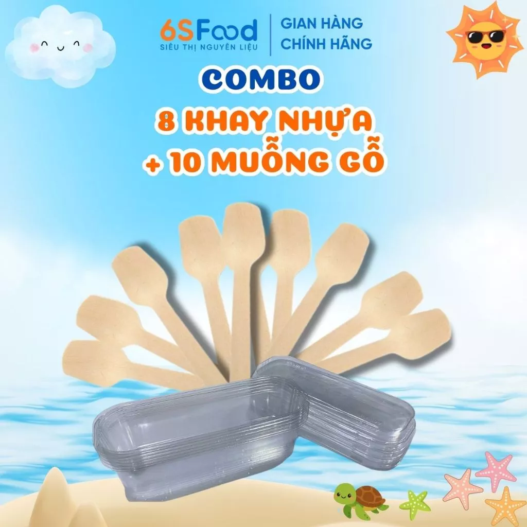 Combo 8 Khay Nhựa Dài 300ml và 10 Muỗng Gỗ
