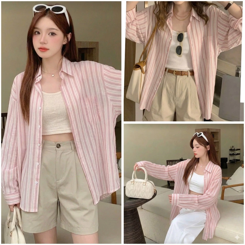 Áo sơ mi nữ form rộng họa tiết kẻ hồng dễ mix đồ đi chơi, đi biển, áo sơ mi kẻ dễ thương phong cách trẻ trung