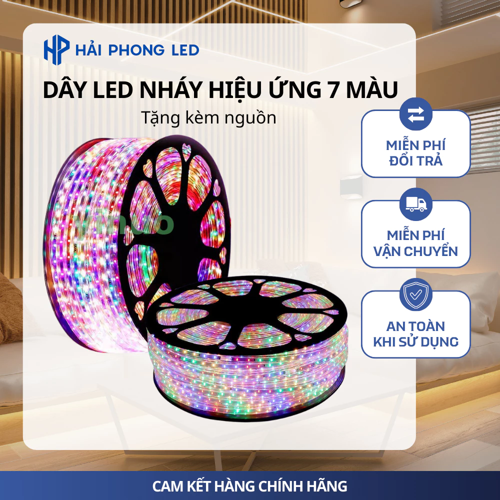 (Tặng nguồn) Dây đèn led nháy đuổi 7 màu bọc silicon chống nước trang trí ngoài trời quấn cây