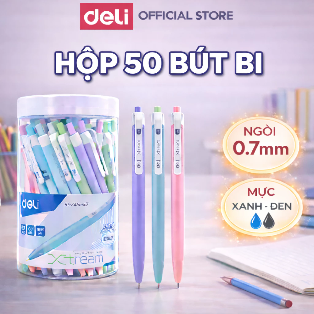 Hộp 50 bút bi bấm văn phòng mực xanh đen đỏ ngòi 0.7mm Deli phù hợp học sinh văn phòng