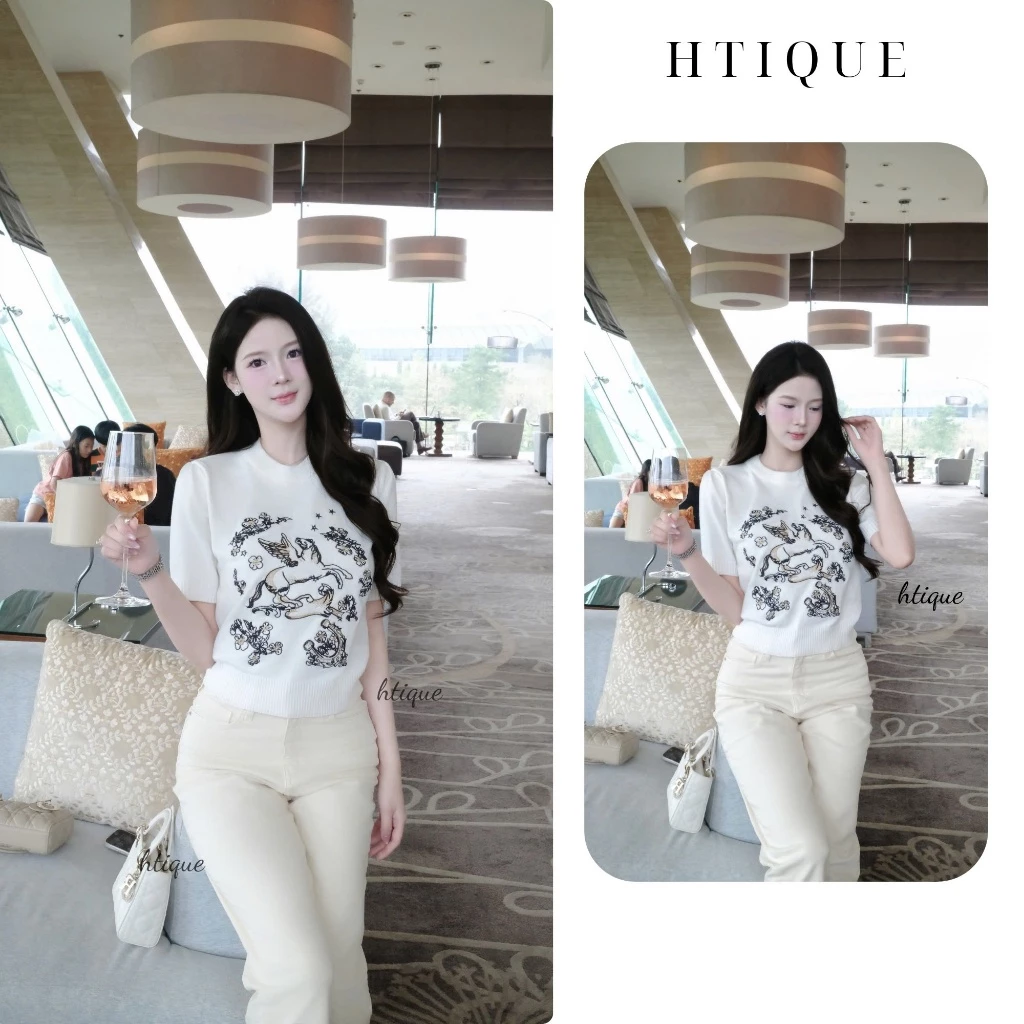 HTIQUE - Mở bán Áo len dệt kim thêu họa tiết cổ điển, Áo len dệt kim nữ trắng thanh lịch – sang chảnh dễ phối đồ AT02