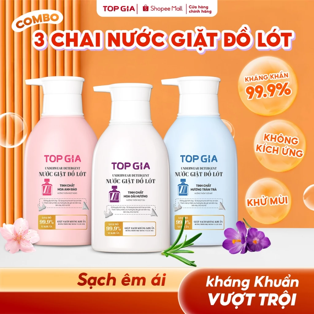 Nước Giặt Đồ Lót Sinh Học TopGia Khử Mùi Kháng Khuẩn 99%, An Toàn Với Da Nhạy Cảm, Chai 520ml