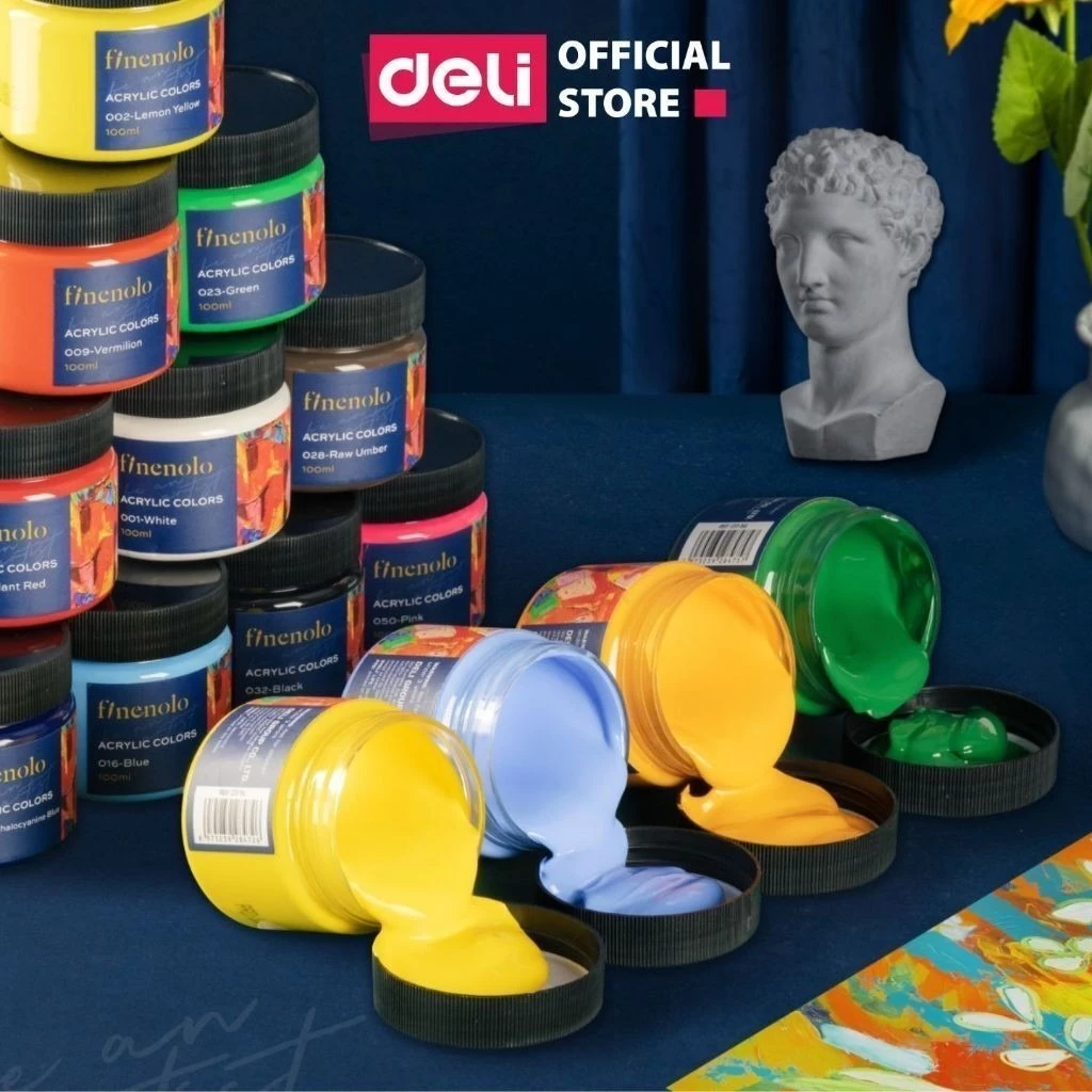 [TRẮNG 9K] Màu nước acrylic dạng hũ 100ml chuyên nghiệp Deli - dùng để vẽ custom trên vải, giày, tường full bảng màu