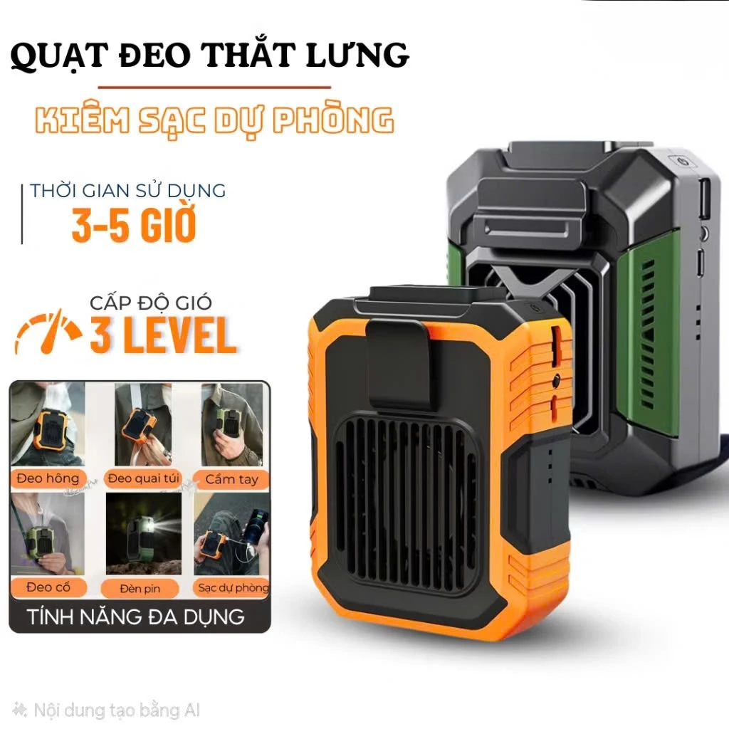 Quạt Tích Điện Kiêm Sạc Dự Phòng Đeo Thắt Lưng, Quạt Đeo Thắt Lưng Có Đèn Tích Hợp Sạc Dự Phòng