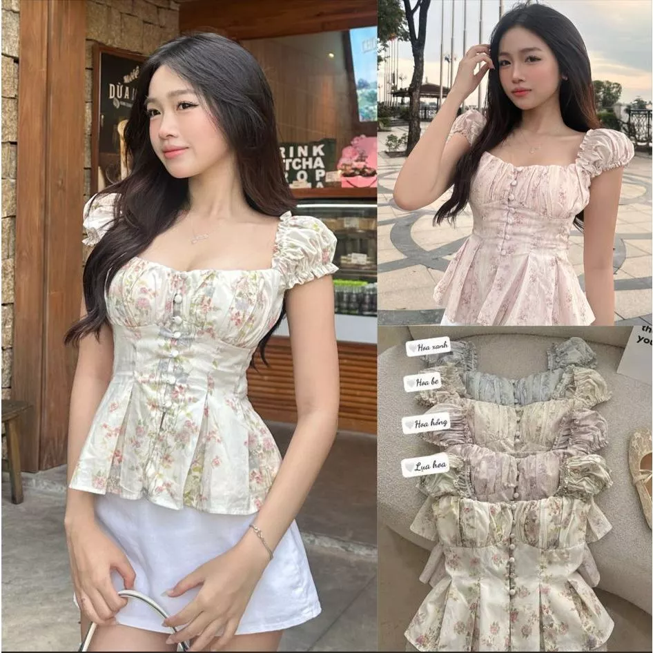 Áo Babydoll Kiểu Nữ Tay Bồng Có Mút V1 Chun Lưng Chiết Eo Dáng Xoè Xinh Xắn Cho Các Nàng Thơ