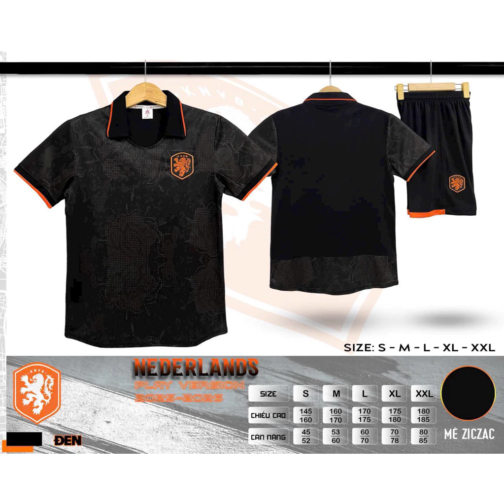Bộ Quần Áo Đá Banh Hà Lan Đen 2025 (Nhận In Tên Số) Thun Mè Cao Cấp Logo Thêu Nam Nữ Top Sport