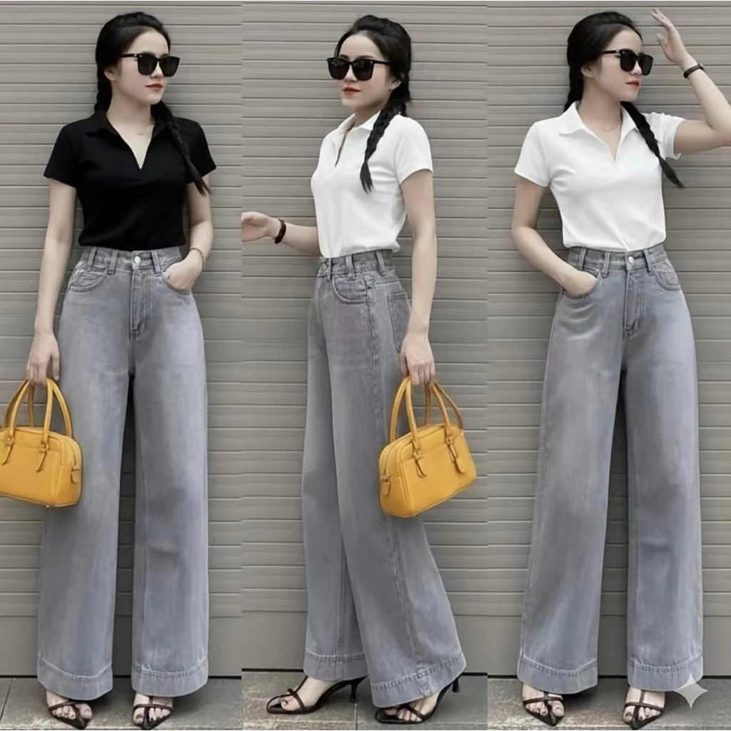 Quần jean suông trơn gấu to màu xám cạp cao mài đùi tôn eo , hách dáng