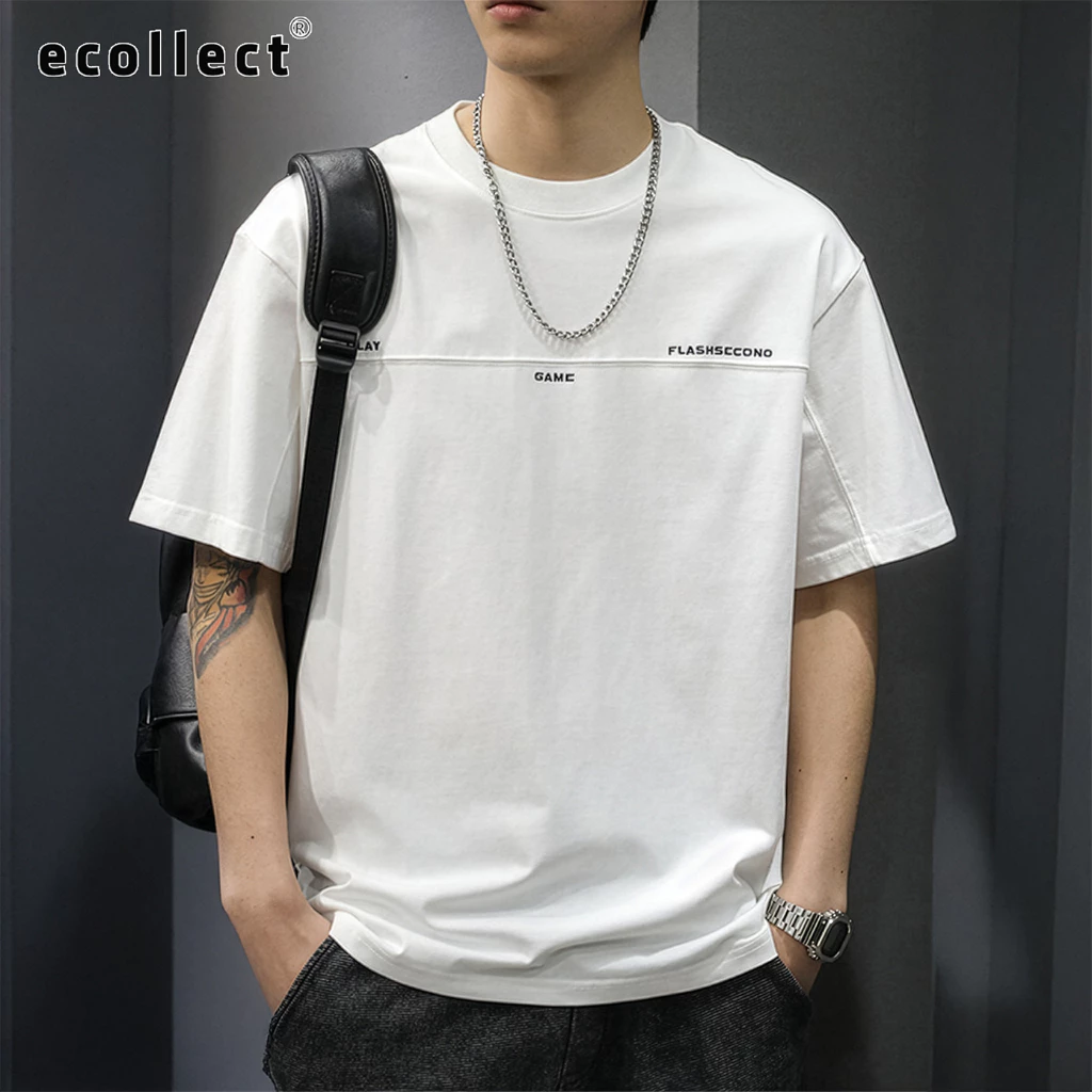 Áo thun nam ECOLLECT CT06 cotton form rộng, chữ thêu ngang ngực, áo phông tay lỡ basic thời trang hè