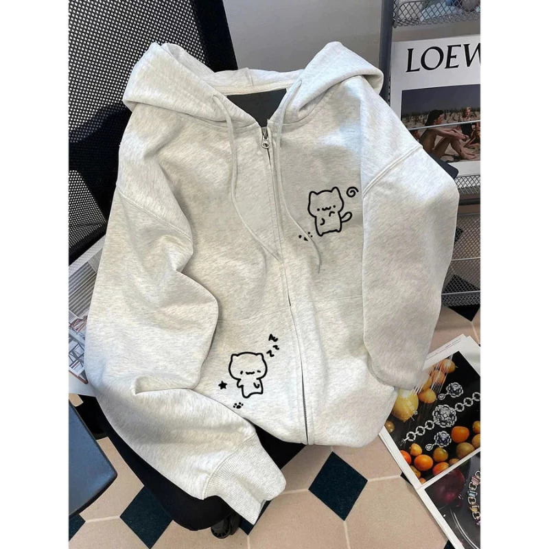 Áo Khoác Hoodie Zip Form Rộng In Hình 2 Mèo Cute, Áo Nỉ Có Mũ Khóa Kéo Unisex Phong Cách Hàn Quốc ( có túi trong )