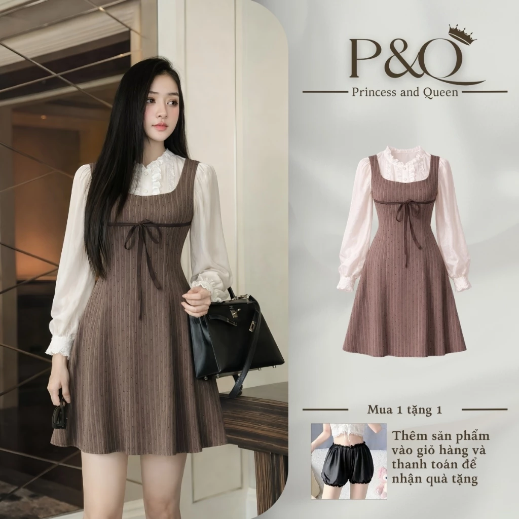 Đầm yếm nữ P&Q liền sơ mi tay phồng cổ nhún họa tiết chấm bi phối dây nơ phong cách tiểu thư | vd0084
