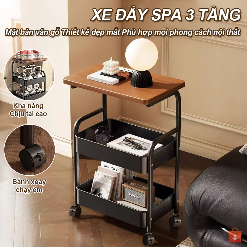 Xe Đẩy Spa 3 Tầng Khung thép cacbon, Kệ đựng đồ đa năng phòng ngủ Kệ Để Đồ Có bánh xe