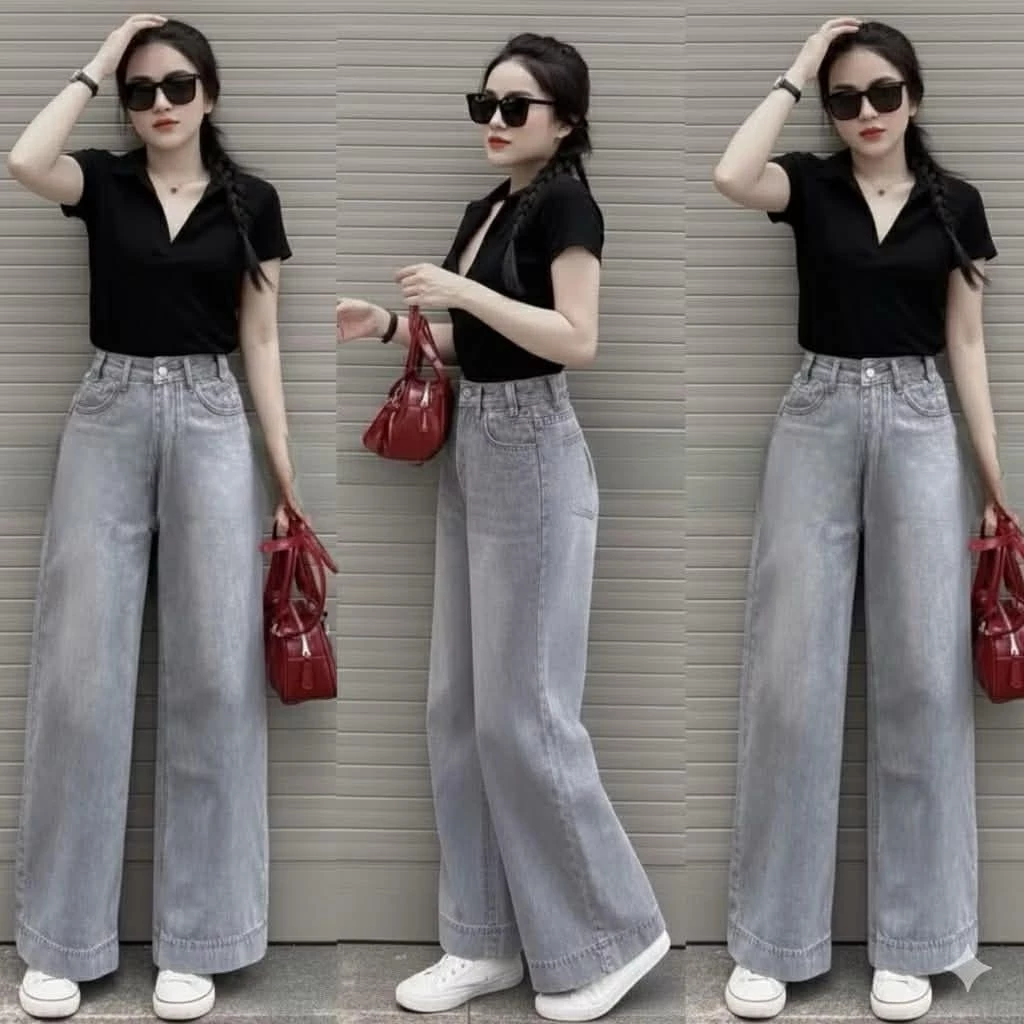 Quần bò ống suông xám khói gấu 5cm chất jeans mềm cạp cao phom dáng Hàn Quốc