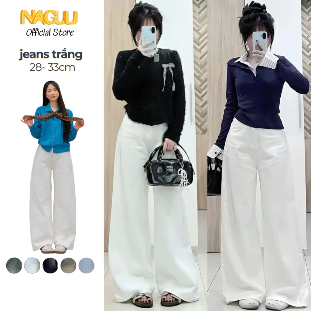 Quần Jeans Trắng NAGUU Dáng Suông, Quần Kaki Trắng Ống Rộng Cạp Cao, Quần Bò Nữ Dày Dặn ulzzang Q12