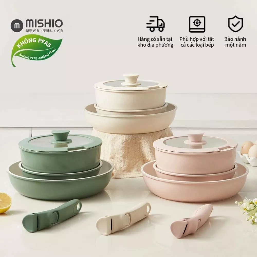 Bộ 3 Nồi Chảo Đá Gốm Chống Dính Mishio 5 Món (màu Trắng) - Tay Cầm Tháo Rời, Dùng Mọi Loại Bếp