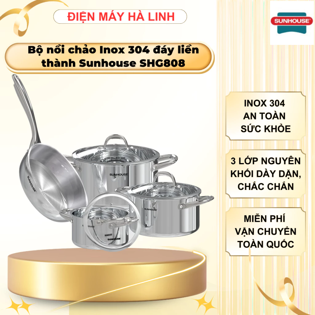 Bộ nồi chảo inox Sunhouse SHG808, Chất liệu inox 304, Thiết kế liền đáy bền bỉ, Vung kính cường lực