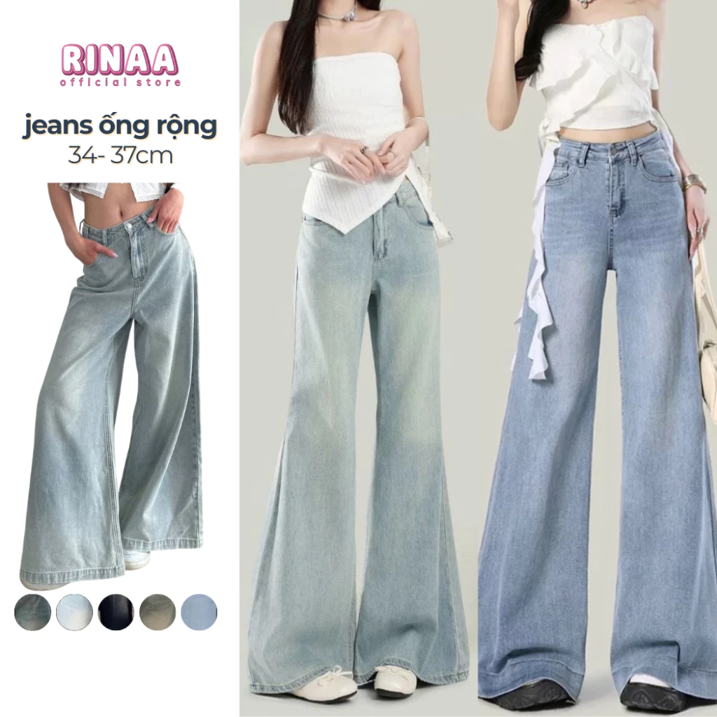 Quần Jean Loe Ống Rộng RINAA, Ống 34- 37cm Dáng Suông Cạp Cao, Quần Loe Rộng Cực Tôn Dáng VER4