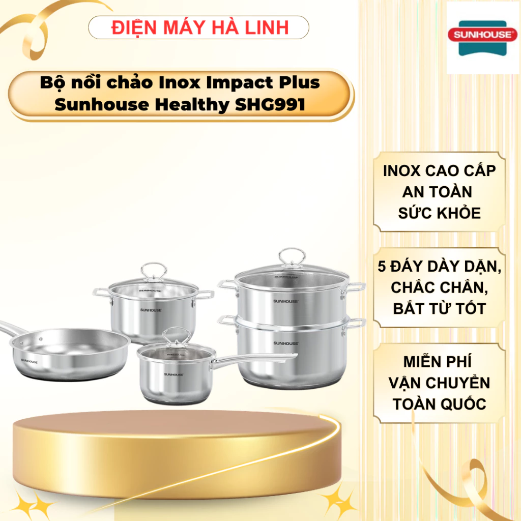 Bộ nồi chảo Inox Impact Plus Sunhouse Healthy SHG991, 5 lớp dày dặn, chắc chắn