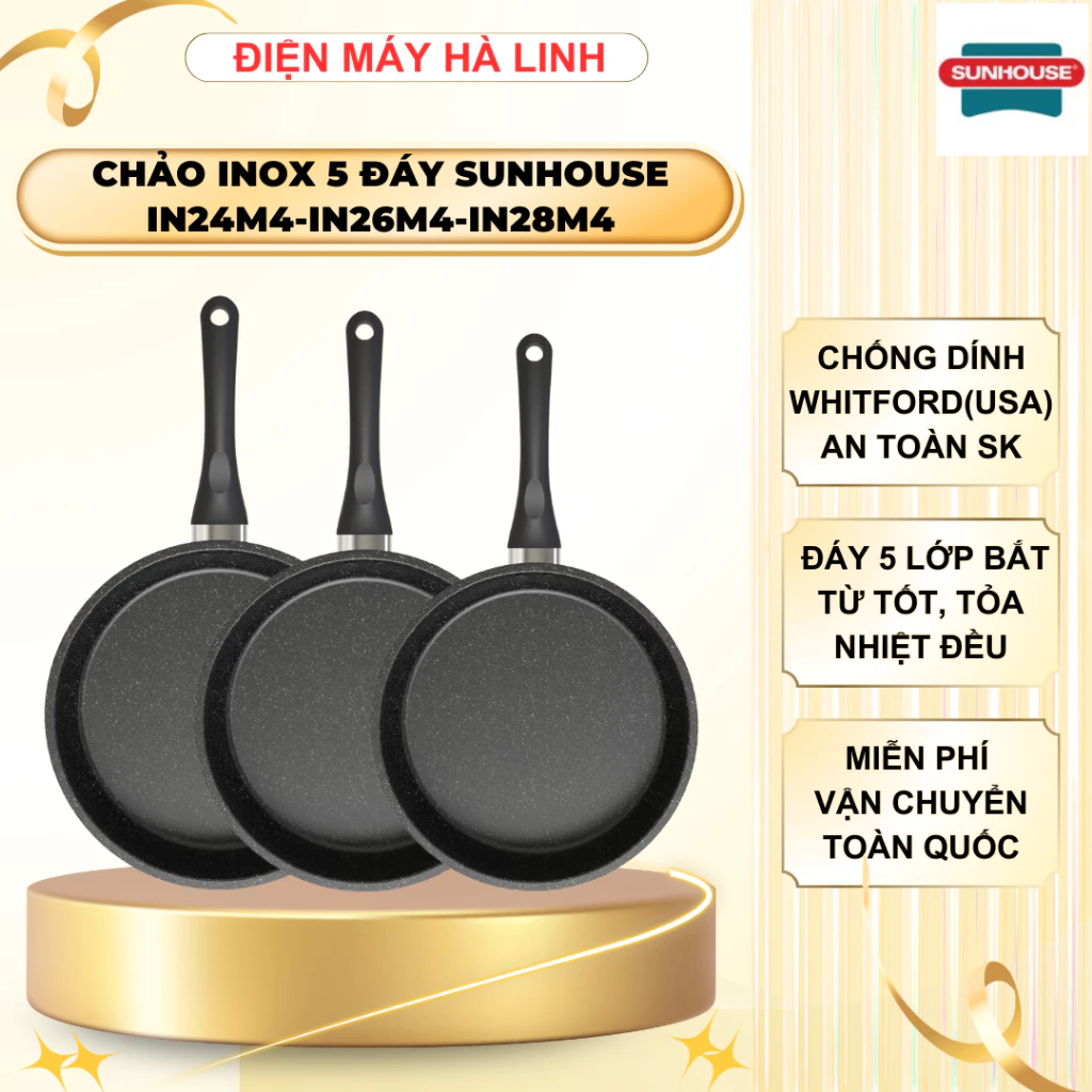 Chảo chống dính Sunhouse IN28M4, Chất liệu inox 5 đáy, Đường kính 20/24/26/28cm, Dùng mọi loại bếp