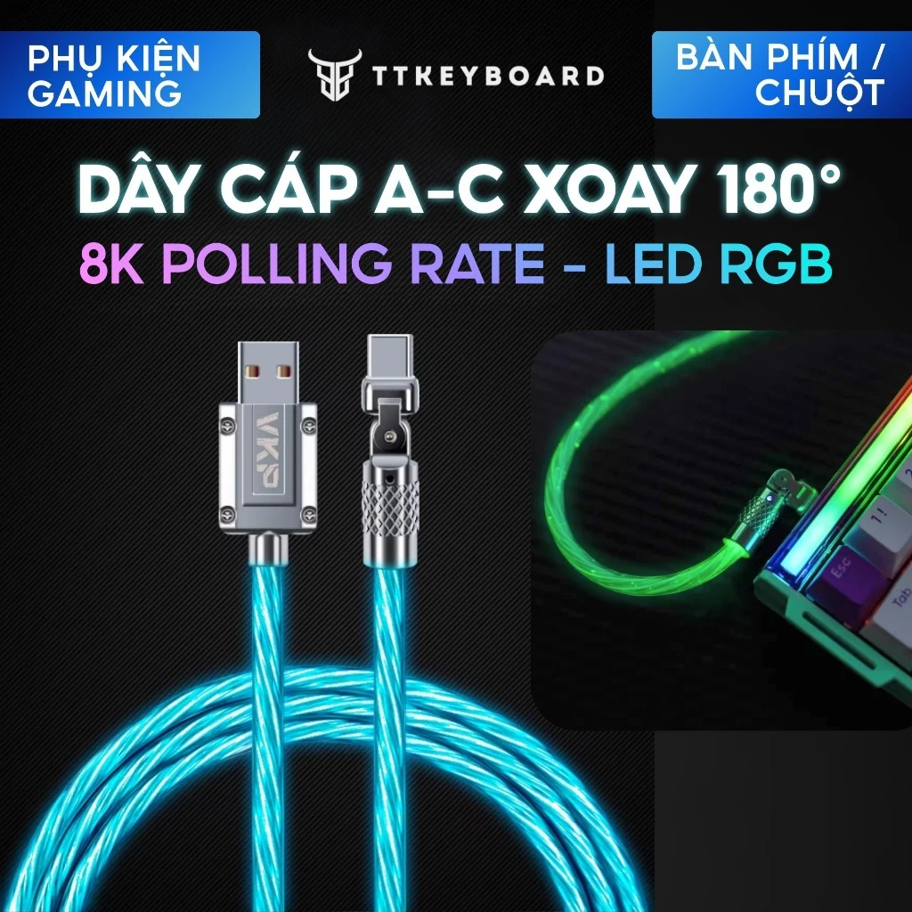 [Hỏa Tốc] Dây Cáp Xoay 180 Độ 8K Polling Rate (USB A-C) Đa Năng Led RGB Trong Suốt Cho Thiết Bị Gear