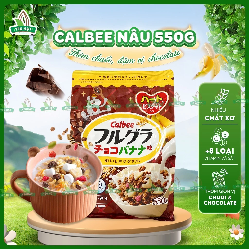 [MỚI T12/26] Ngũ cốc Calbee Nâu Granola Chocolate Crunch & Banana Ăn Sáng Healthy Gói 550G Yêu Hạt