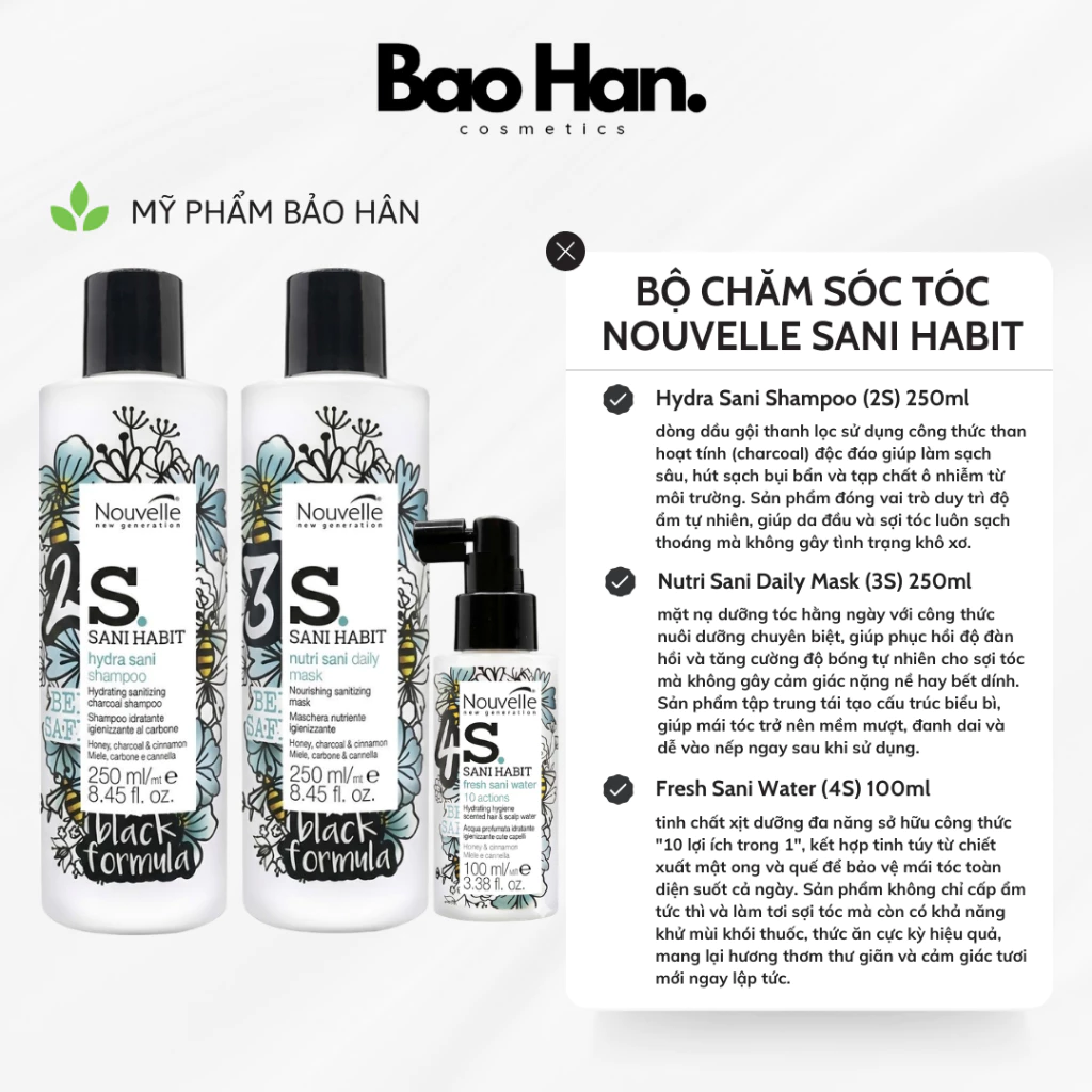 BỘ CHĂM SÓC TÓC NOUVELLE SANI HABIT - COMBO GỘI XẢ XỊT DƯỠNG PHỤC HỒI TÓC HƯ TỔN, THANH LỌC DA ĐẦU & CẤP ẨM CHUYÊN SÂU