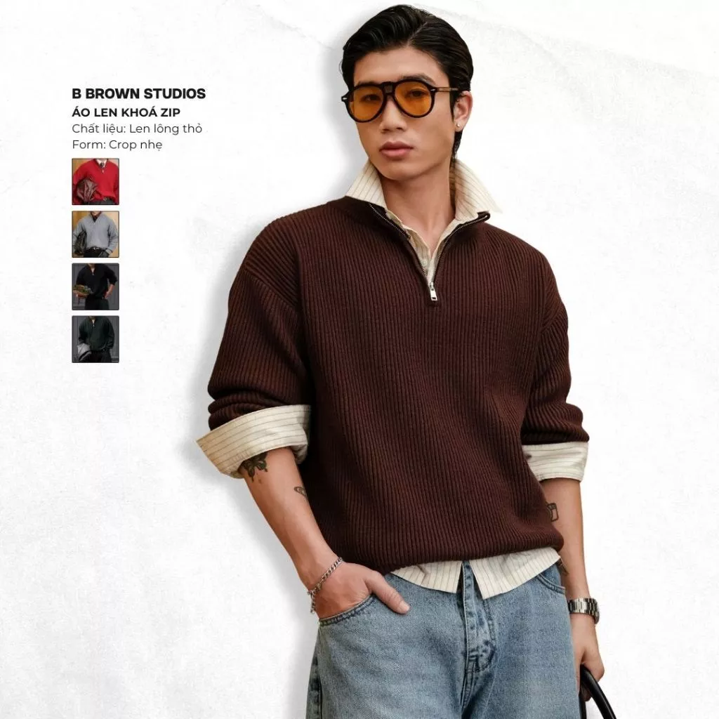Áo Len Nam B Brown Khóa Zip - Chất Liệu Len Dày Dặn, Form Crop Tôn Dáng, Dùng Hàng Ngày