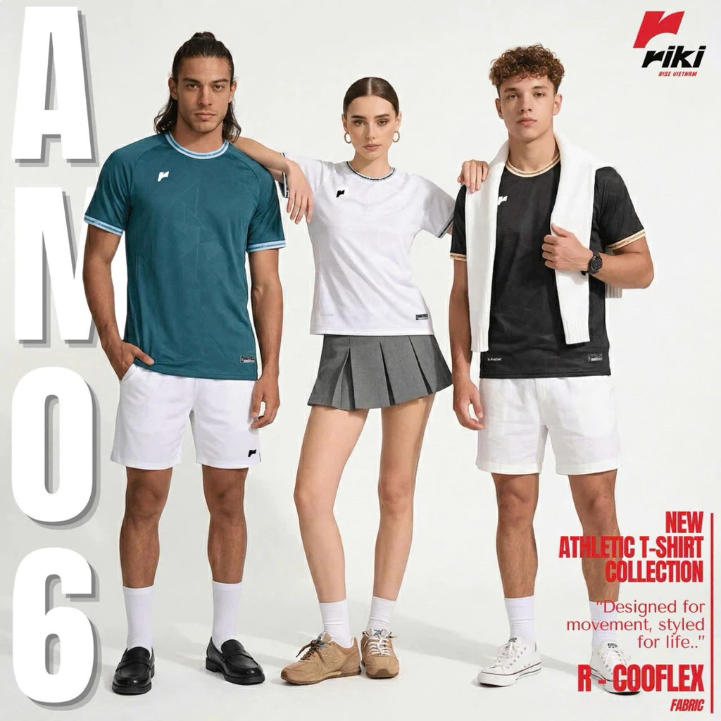 Áo Thun Riki AM06 chơi thể thao cầu lông, tennic, pickleball chất vải cao cấp thoáng khí, hoạ tiết đơn giản dễ mặc