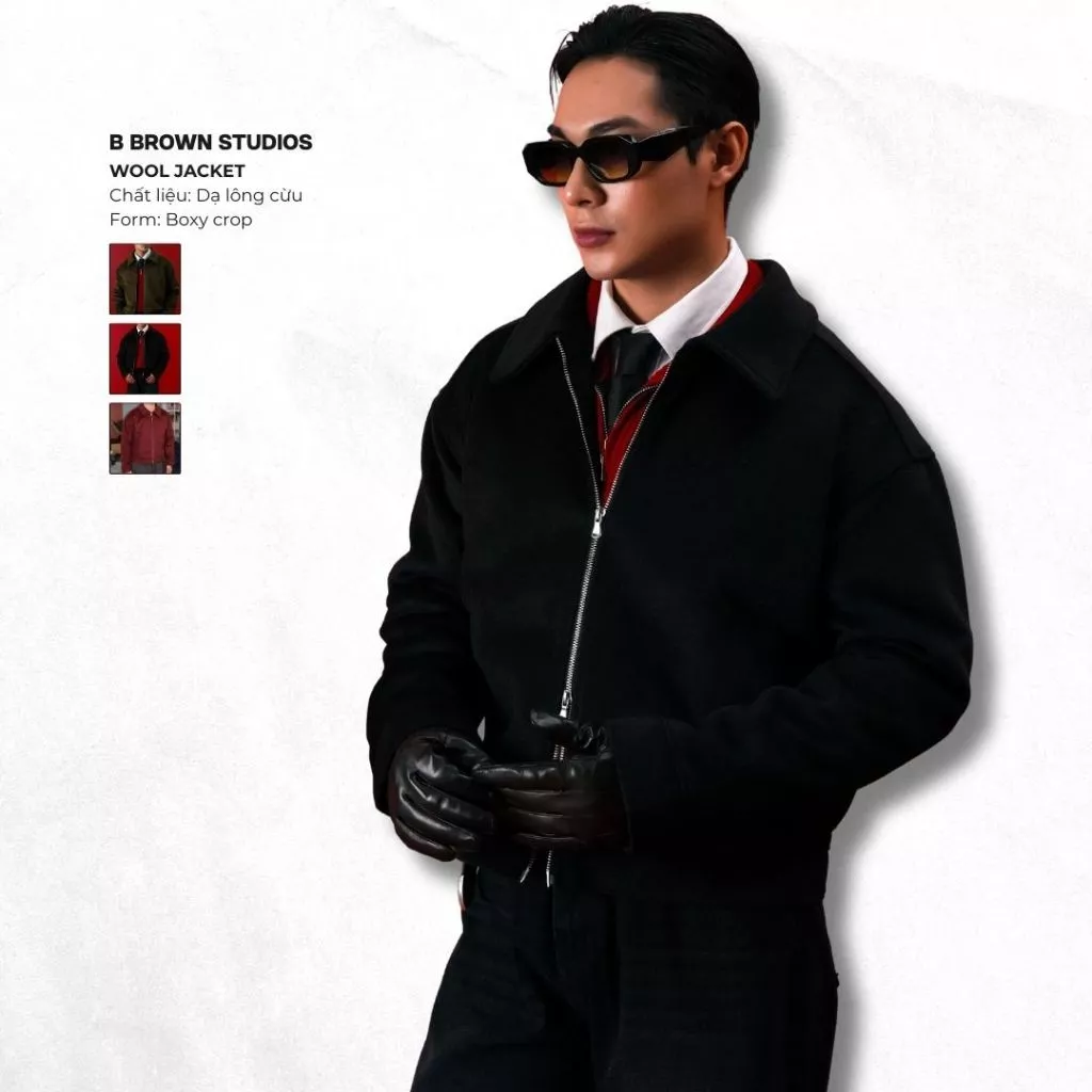 Áo khoác dạ lông cừu form crop - thương hiệu B Brown