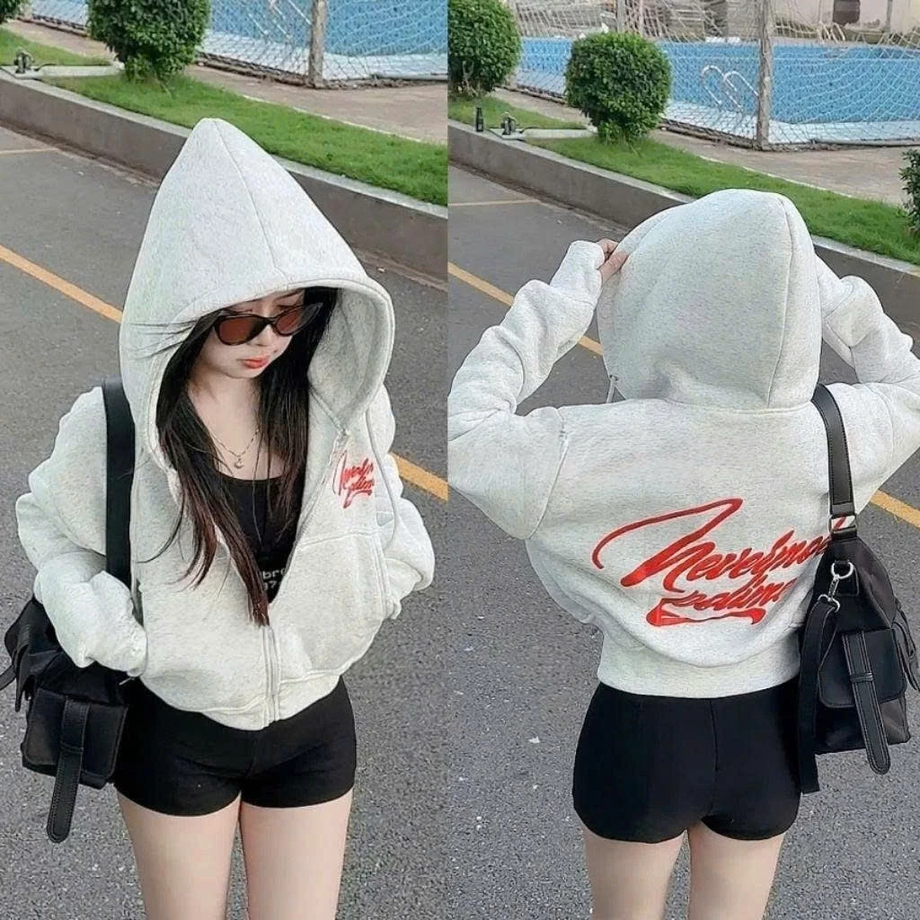 Áo Khoác Nỉ Boxy Logo In Chữ Never More Polime Form Dáng Lững Croptop Xinh Thời Trang Nữ
