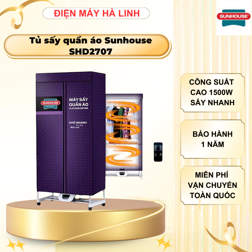 [HỎA TỐC] Tủ sấy quần áo Sunhouse SHD2707, Công suất 1500W, Điều khiển từ xa, Bảo hành 12 tháng
