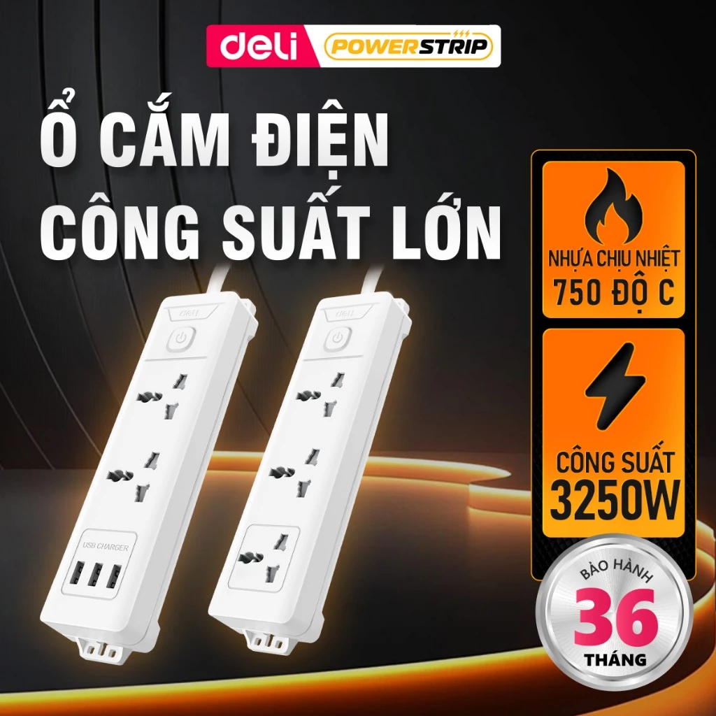Ổ Cắm Điện DELI Công Suất Lớn 3250W Tích Hợp Cổng Sạc USB Tiết Diện Lõi Đồng 3x1.25mm2 Đa Năng