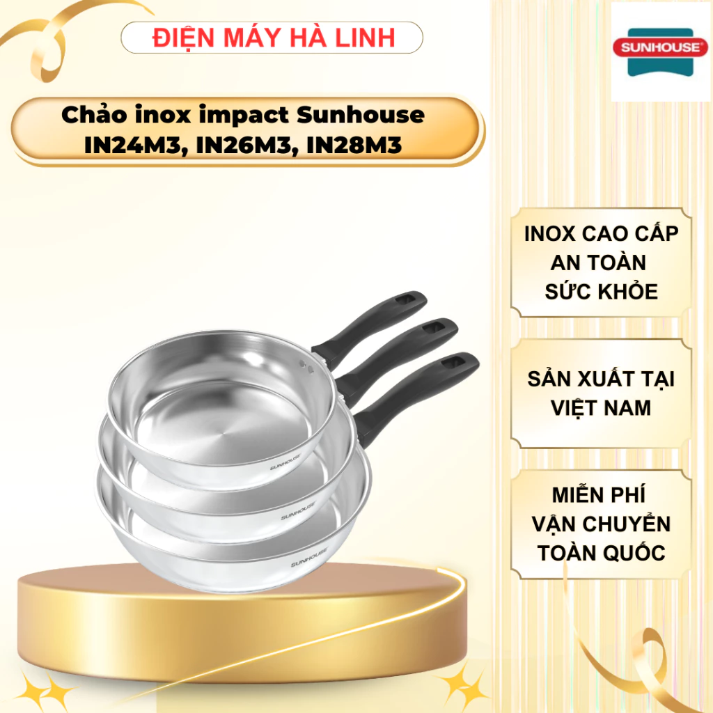 Chảo inox impact Sunhouse IN28M3, IN26M3, IN24M3, IN20M3, Đường kính 28/26/24/20cm, Sử dụng bếp từ