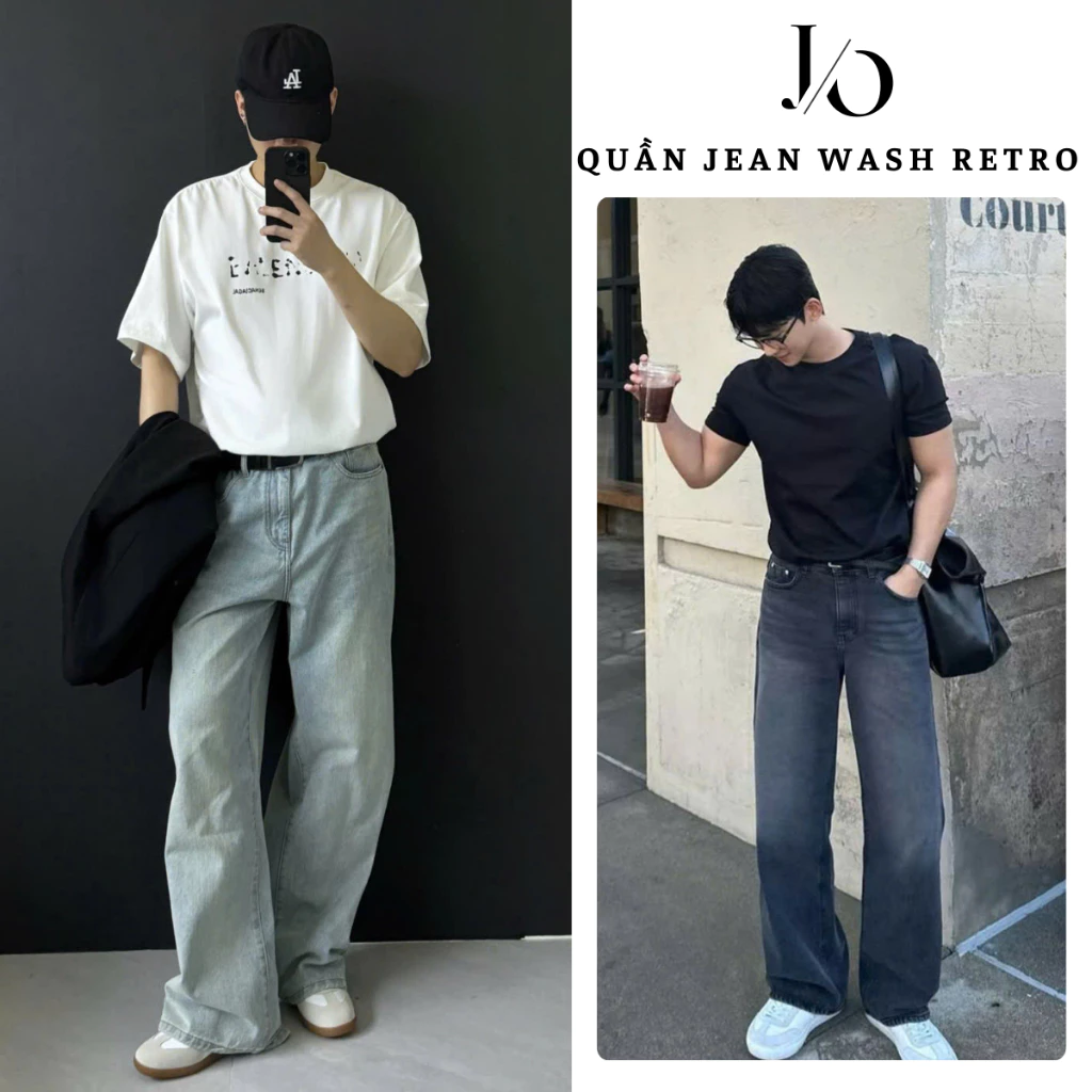 Quần Jean Nam Suông Xanh Đen Wash RETRO Lưng Cao Ống Rộng Chất Jean Denim From Đứng Dáng Dài JEAN