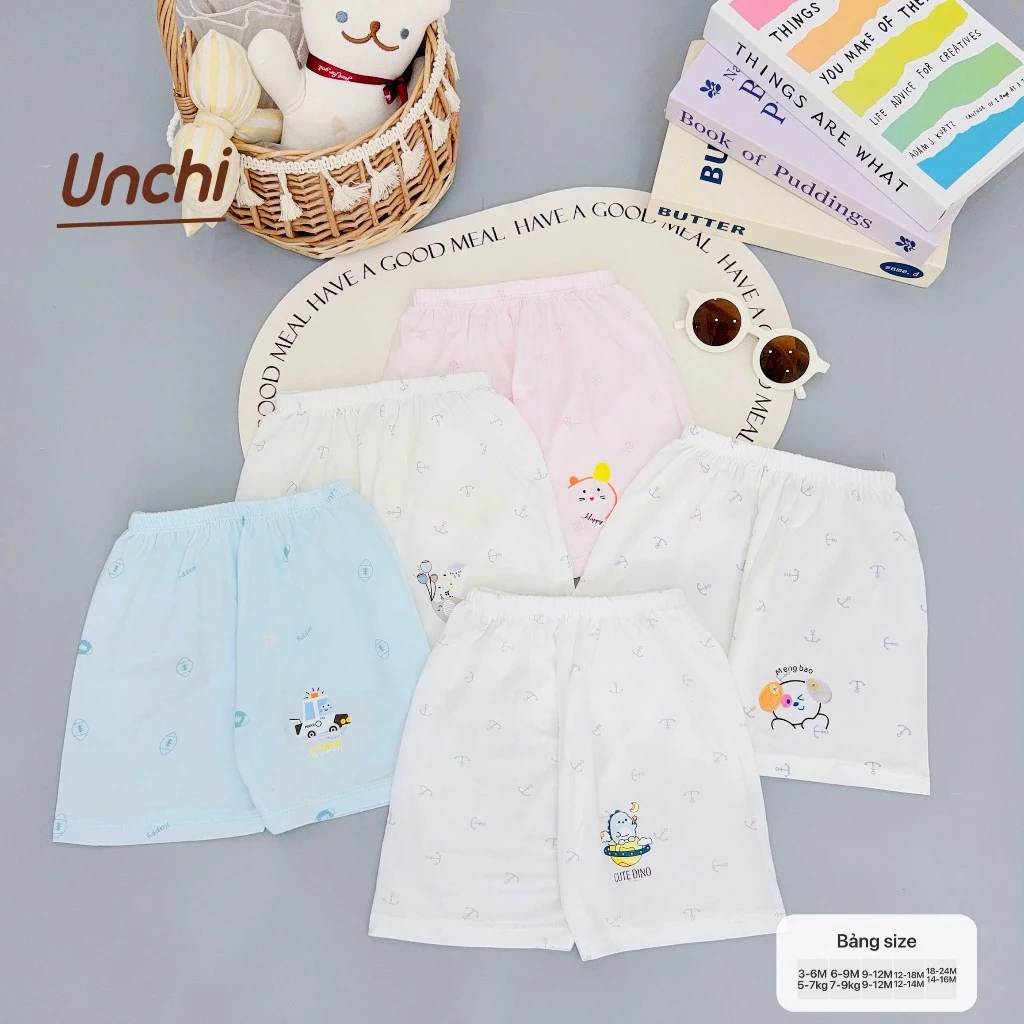 Combo 3-5 Quần Cộc Sơ Sinh Unchi Vải Petit Mềm Mỏng Mát Cho Bé Từ 3-10kg