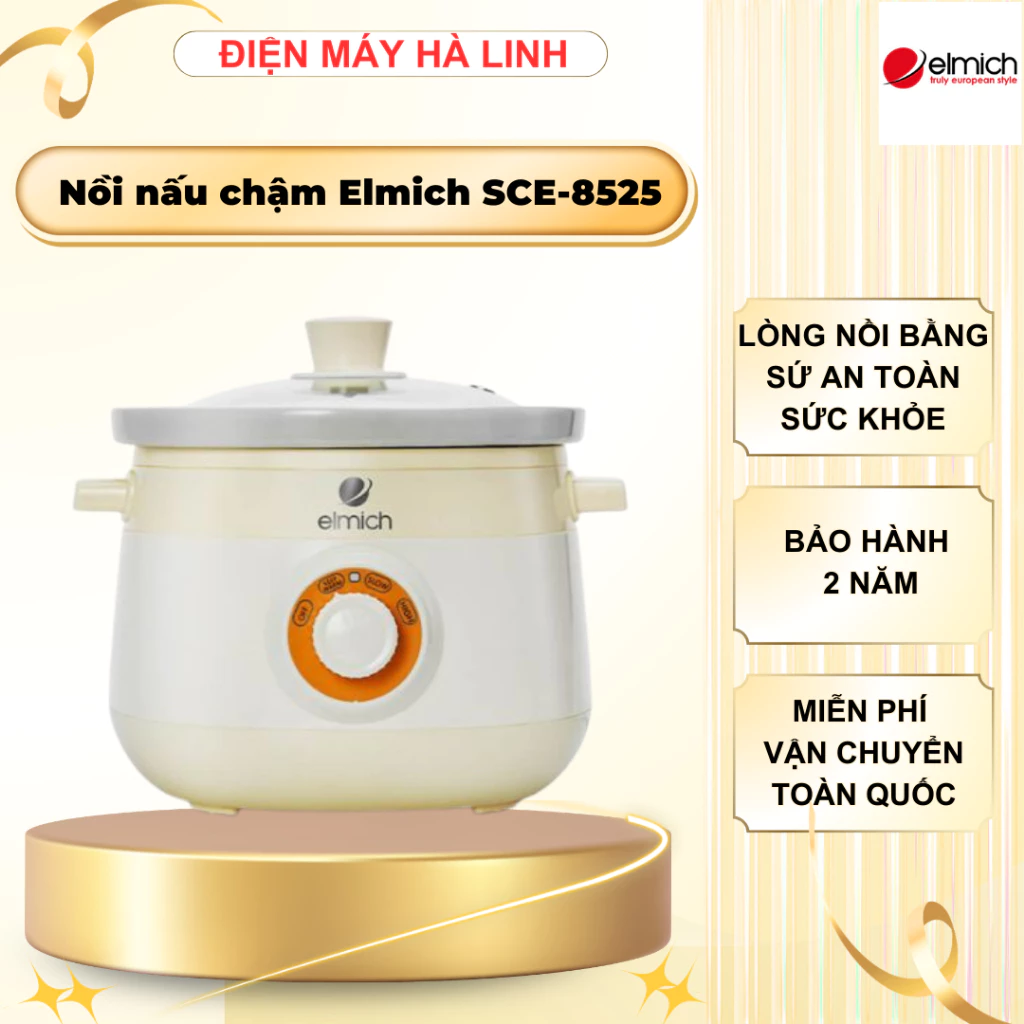 Nồi nấu chậm Elmich SCE-8525, Công suất 175W, Lòng nồi bằng sứ, Vung kính cường lực, Bảo hành 2 năm