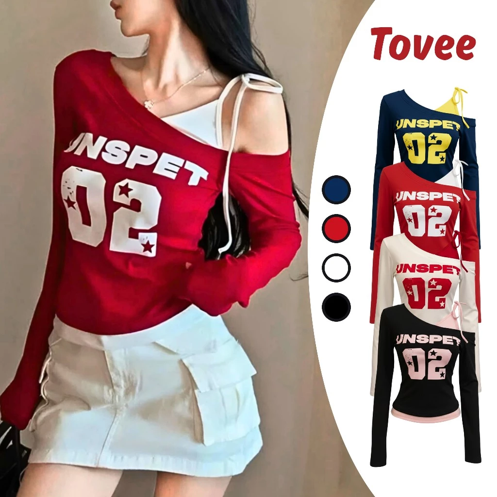Áo Thun TAY DÀI DÁNG DÀI LỆCH VAI PHỐI YẾM IN 02 Chất Thun Borip Ôm Body DD166, Áo Thun Nữ In Số Phong Cách TOVEE