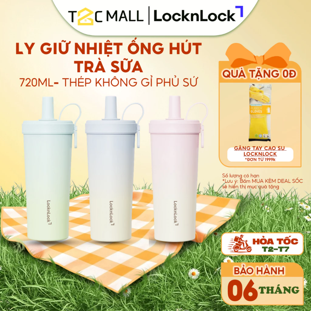 Bình giữ nhiệt LocknLock phủ sứ Ceramic Milk Tea Tumbler LHC4369 kèm ống hút trân châu dung tích 720ml - 3 Màu