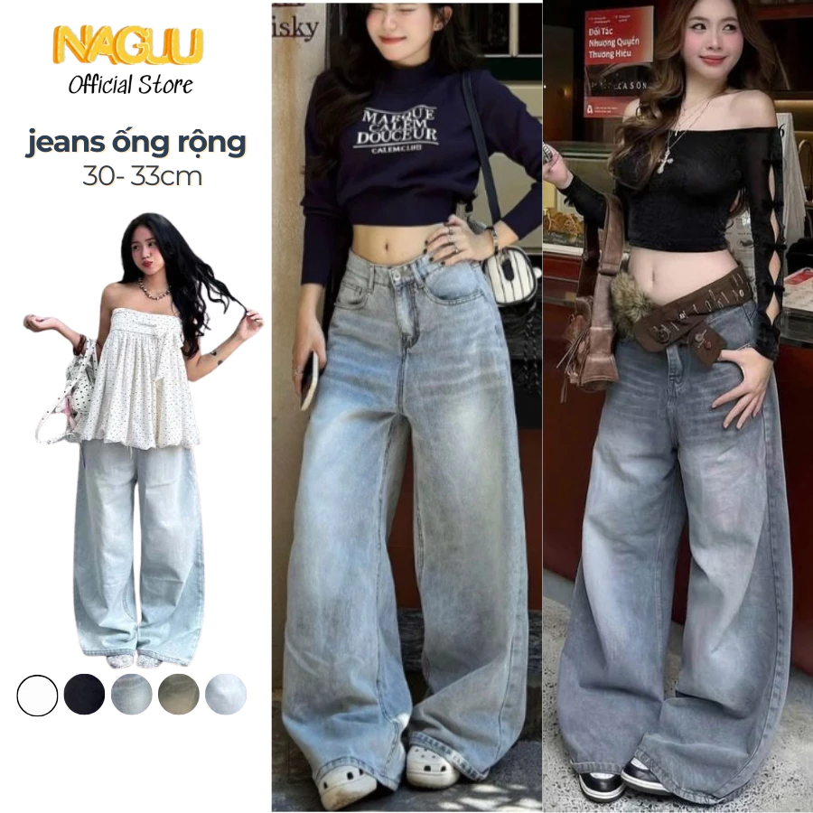 Quần Jeans Ống Suông Rộng Ống 33cm Phong Cách y2k NAGUU, Quần Bò Cạp Cao Retro Style Dễ Phối Đồ VER3
