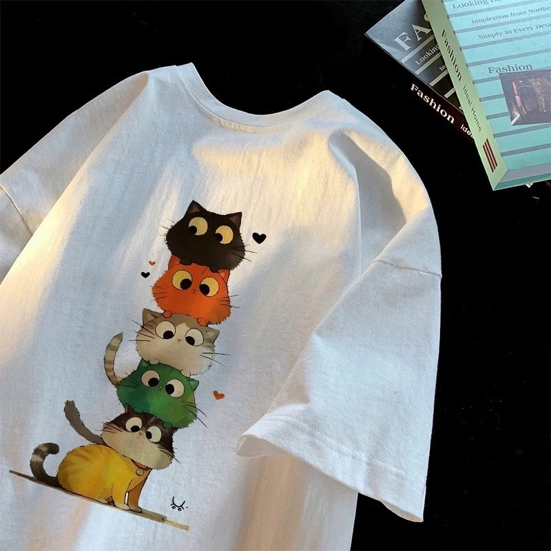 Áo Thun Nam Nữ Unisex In Hình 5 Chú Mèo Ngộ Nghĩnh, Áo Phông Tay Lỡ Form Rộng Chất Cotton Co Giãn 2 Chiều Cao Cấp
