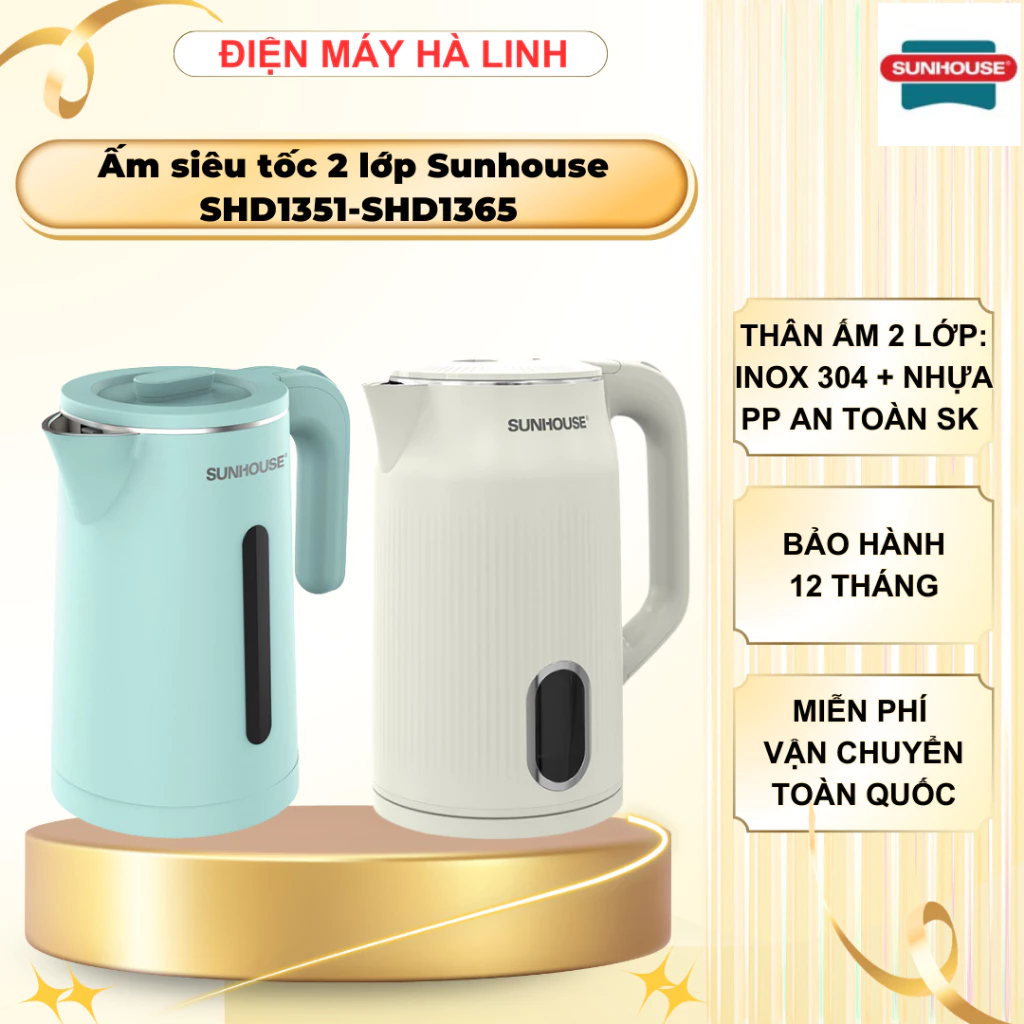 Ấm siêu tốc Sunhouse SHD1351, Công suất 1500W, Dung tích 1,8L, Cấu tạo 2 lớp inox 304 và nhựa chống nóng, BH 12 tháng